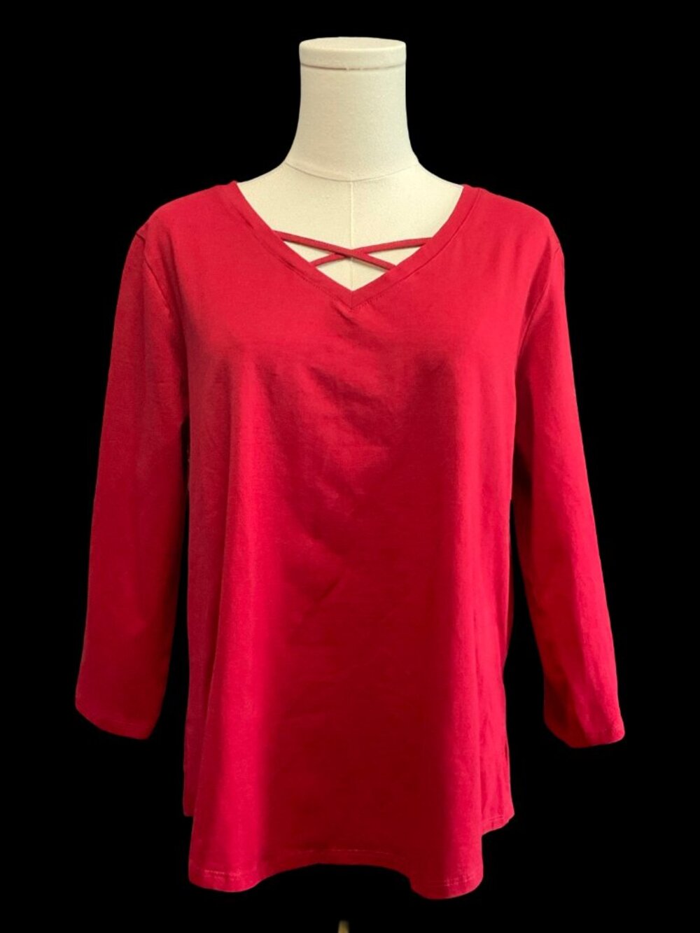 Red 3/4 Sleeve Top w/ Criss Cross Neck Detail